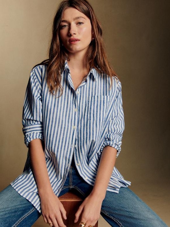 Sezane Tops - Sezane Max Cotton and Linen Striped Button Down Blue and White Size 36
